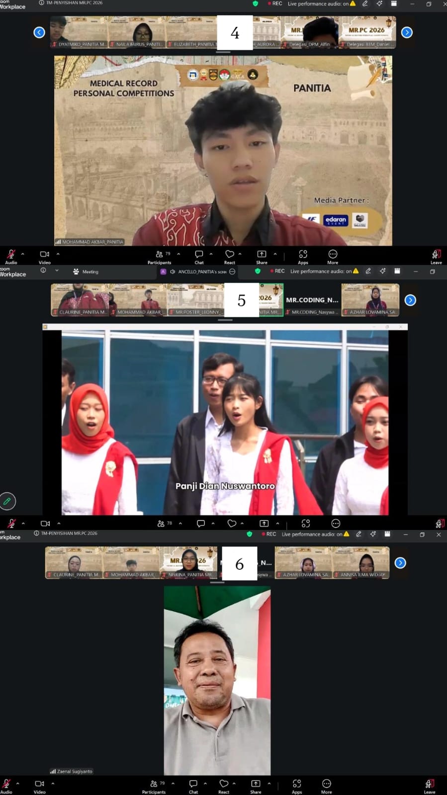 Keterangan : Gambar 4 Pembacaan Do'a, Gambar 5 Menyanyikan Lagu Indonesia Raya, Gambar 6 Sambutan Kaprodi D3 RMIK